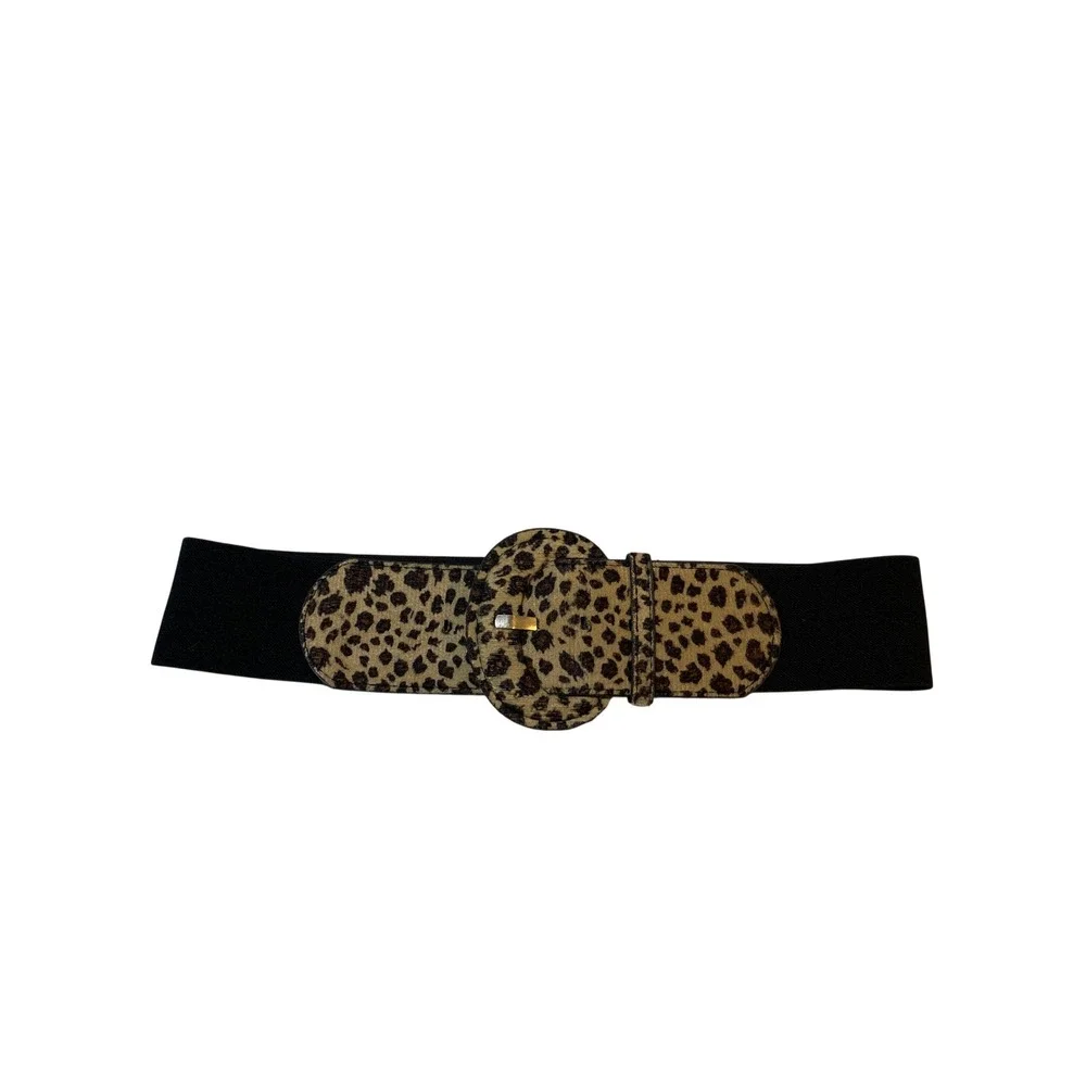 Womens Leopard Print Wide Elastic Waist Belt Animal‎ Print Brown Black Buckle